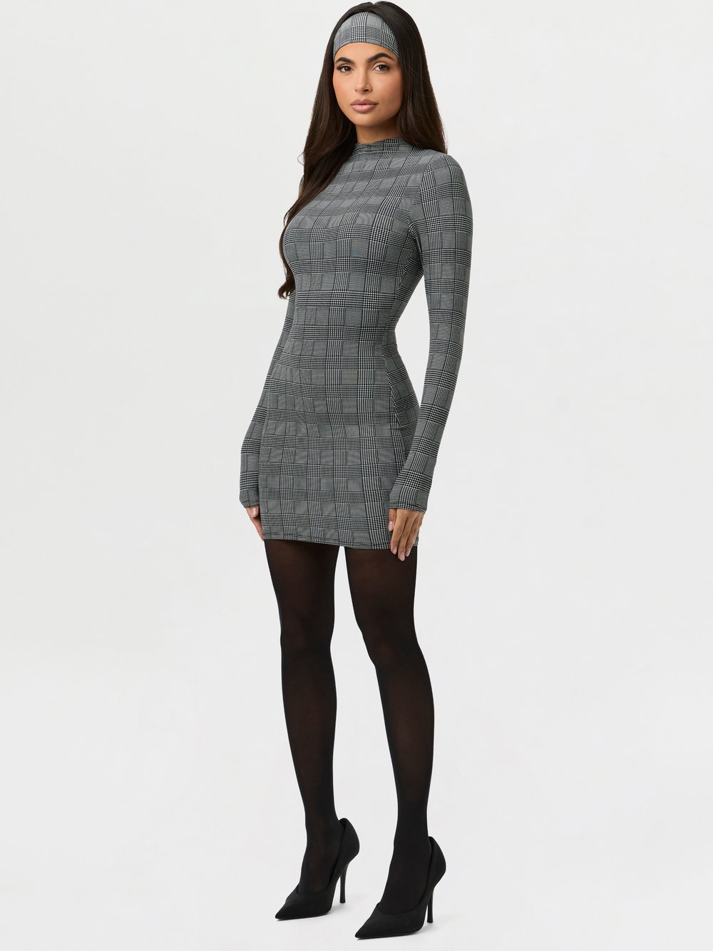 naked wardrobe Gray Plaid Long-Sleeve Mini Dress with Headband